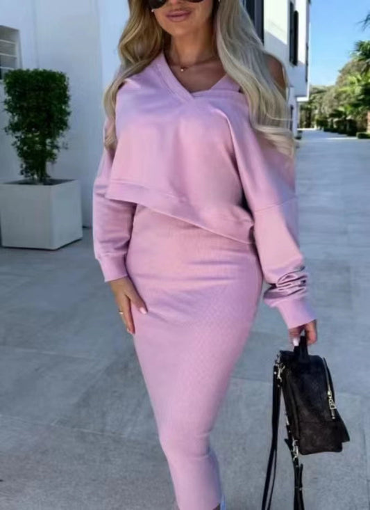 Fashion Two Piece Set Knit Dress Women'S Autumn Sexy V Neck Long Sleeve Pullover Top and Skirts 2 Piece Set Vestidos Para Festas