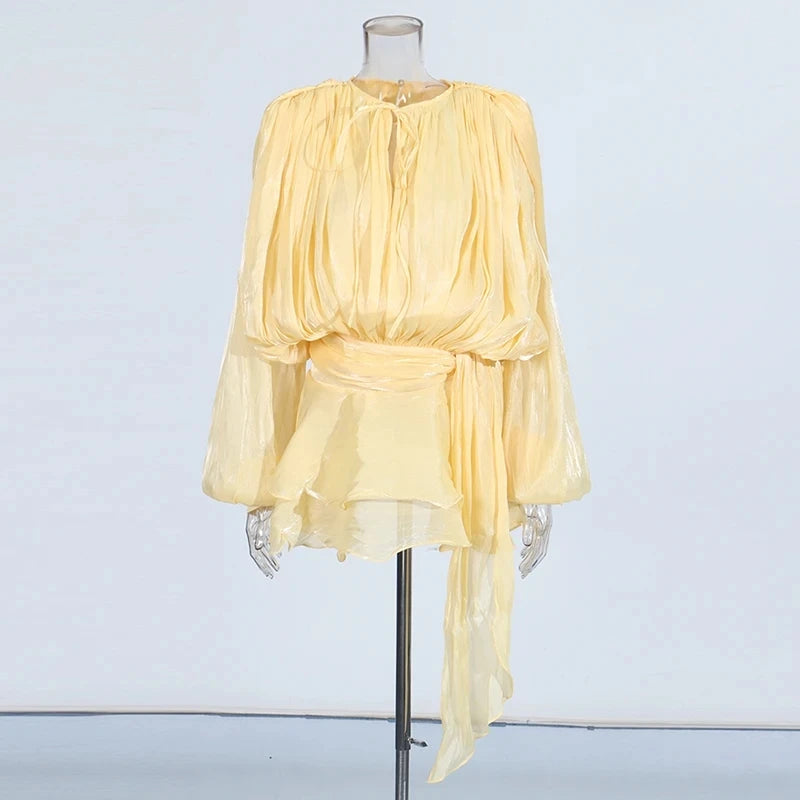 VelviChic™ Elegant Splice Lace-Up Dress – Long Sleeve, Round Neck, Flowy Fit with Feminine Patchwork Detailing