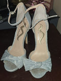 Nina Silver Glitter Bow Ankle-Strap Heels with Open Toe