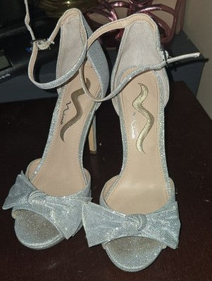 Nina Silver Glitter Bow Ankle-Strap Heels with Open Toe