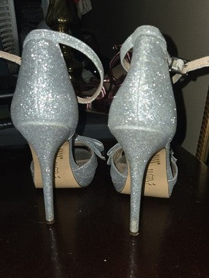 Nina Silver Glitter Bow Ankle-Strap Heels with Open Toe