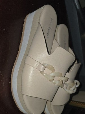 Pierre Dumas Ivory Slide Sandals with Chain Detail
