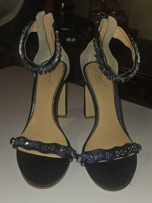 Jewel Badgley Mischka Navy Crystal-Ankle Strap Block Heels
