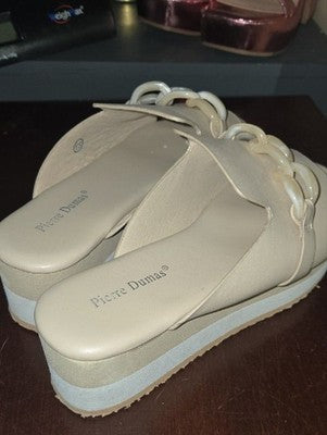 Pierre Dumas Ivory Slide Sandals with Chain Detail