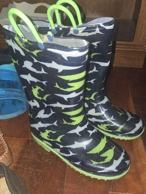 Kids Shark Pattern Waterproof Rain Boots - Navy & Lime