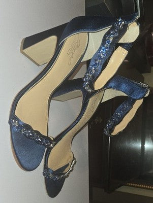 Jewel Badgley Mischka Navy Crystal-Ankle Strap Block Heels
