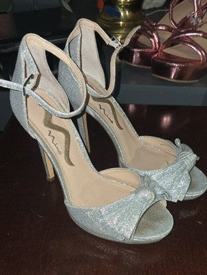 Nina Silver Glitter Bow Ankle-Strap Heels with Open Toe