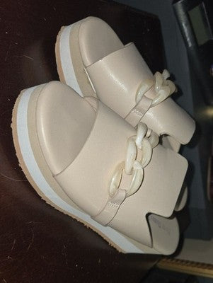 Pierre Dumas Ivory Slide Sandals with Chain Detail