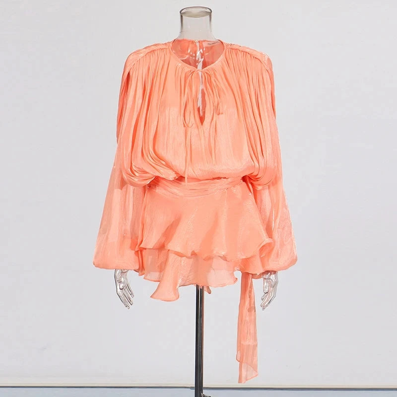 VelviChic™ Elegant Splice Lace-Up Dress – Long Sleeve, Round Neck, Flowy Fit with Feminine Patchwork Detailing