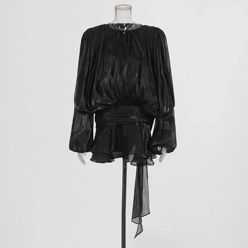 VelviChic™ Elegant Splice Lace-Up Dress – Long Sleeve, Round Neck, Flowy Fit with Feminine Patchwork Detailing