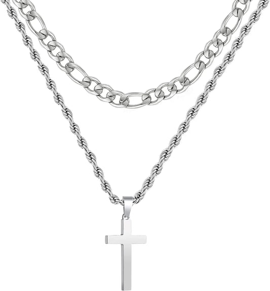2025 Graduation Gifts for Him Boys Kids Teenages Teen Boyfriend Brother Son Grandson Graduates Silver Cross Necklace Pendant Chain Set Catholic Religious Christian Jewelry Gifts Ideas Age