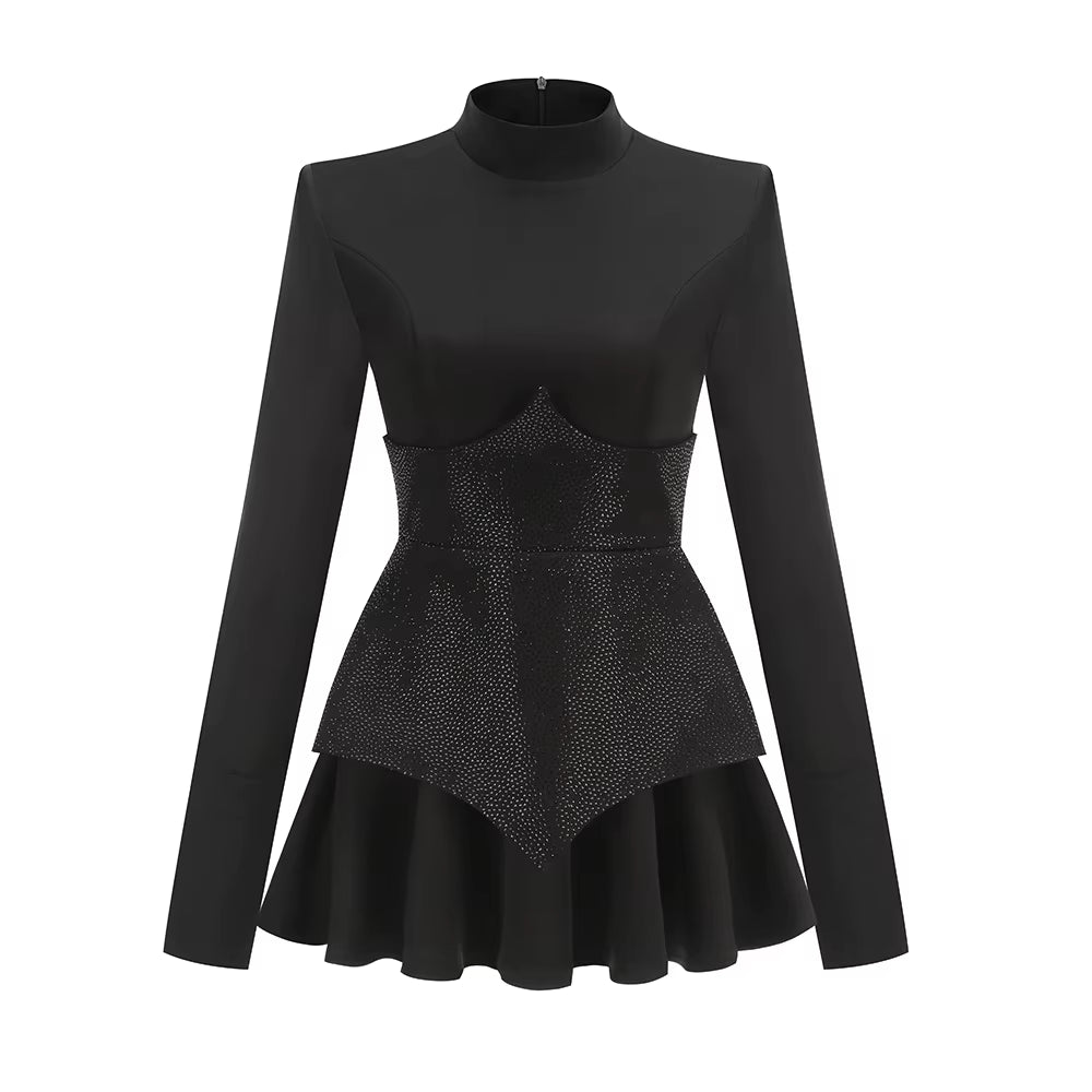 Glamour in Sparkle: Long Sleeves Waist Sparkle Diamond Mini Dress