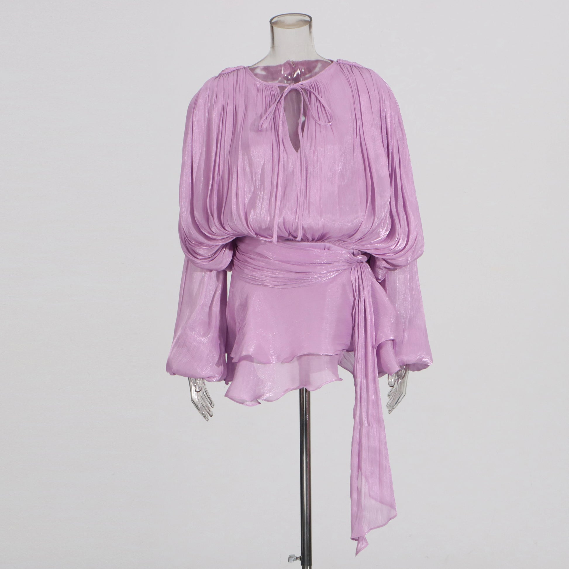 VelviChic™ Elegant Splice Lace-Up Dress – Long Sleeve, Round Neck, Flowy Fit with Feminine Patchwork Detailing