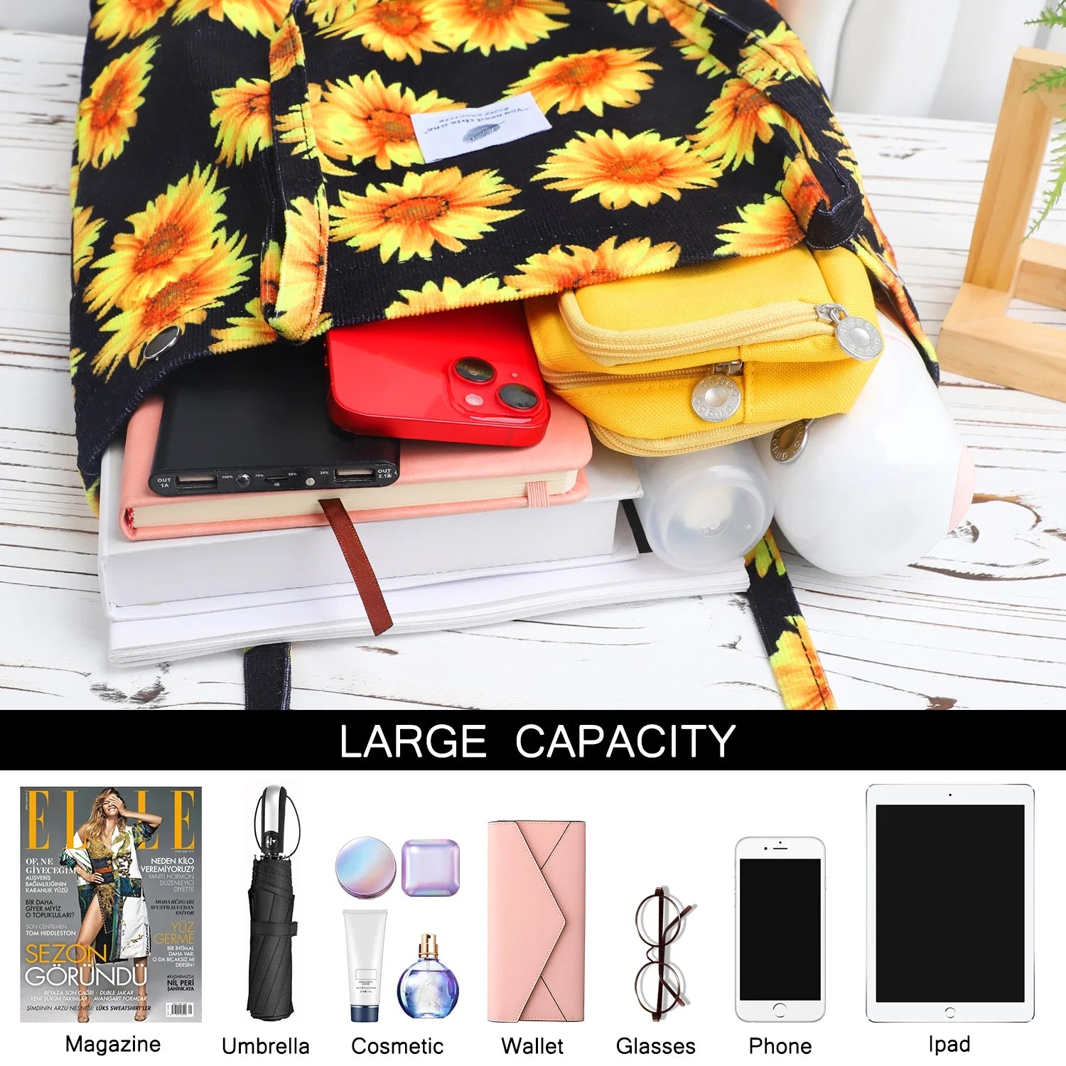 Corduroy Tote Bag Large for Women Girl Lady Canvas Shoulder Cord Purse with Inner Pocket (Brown)