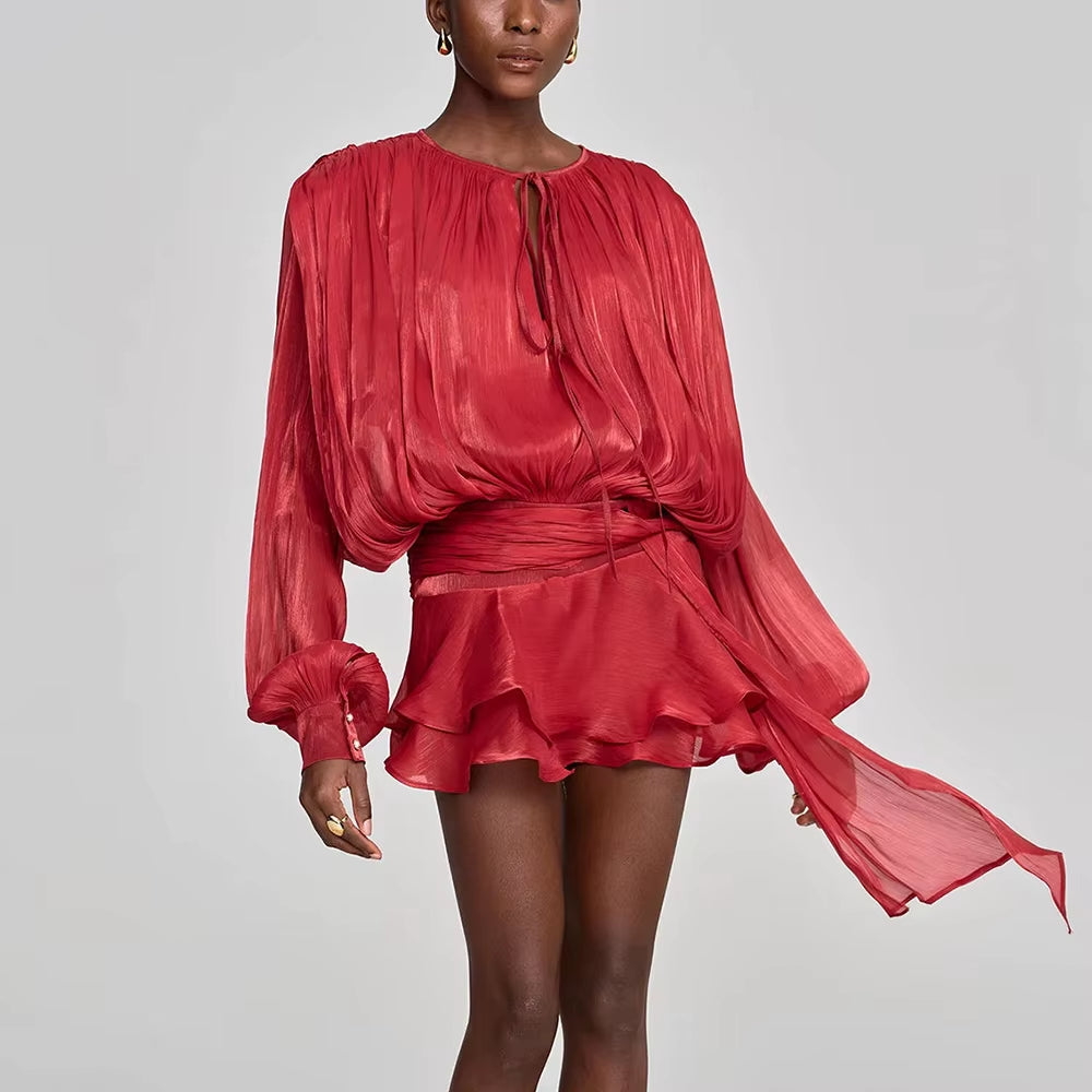 VelviChic™ Elegant Splice Lace-Up Dress – Long Sleeve, Round Neck, Flowy Fit with Feminine Patchwork Detailing