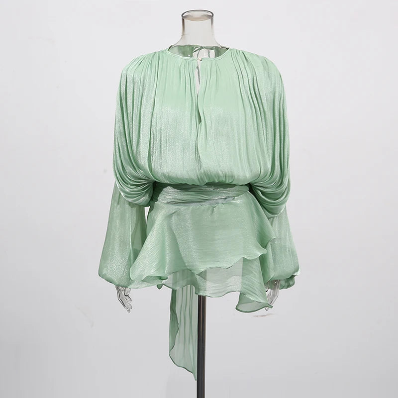 VelviChic™ Elegant Splice Lace-Up Dress – Long Sleeve, Round Neck, Flowy Fit with Feminine Patchwork Detailing