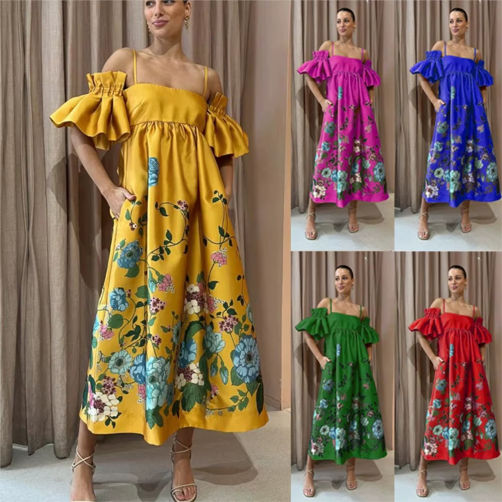 SoleVibe™ 2024 One-Shoulder Vintage Print Dress – Sexy Halter, Hidden Pockets, and Elegant Summer Party Vibes