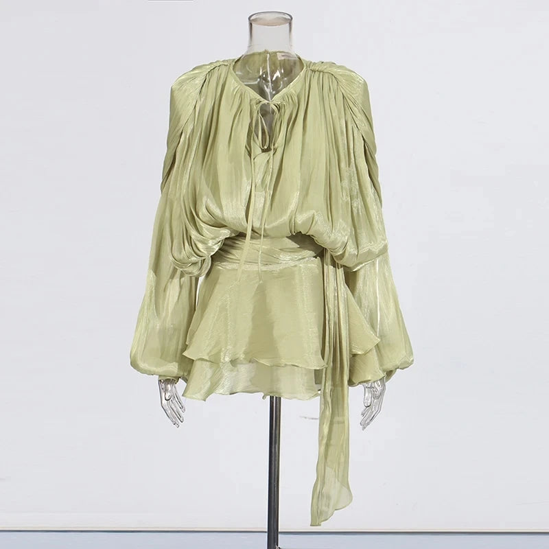 VelviChic™ Elegant Splice Lace-Up Dress – Long Sleeve, Round Neck, Flowy Fit with Feminine Patchwork Detailing