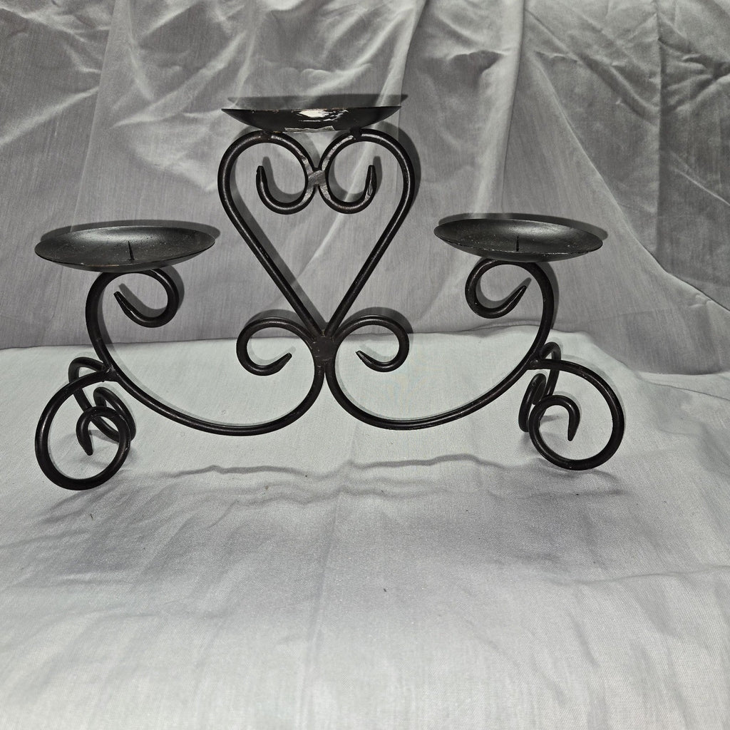 Metal Scroll  3 Arm Pillar Candle Holder Centerpiece 9 1/4" High