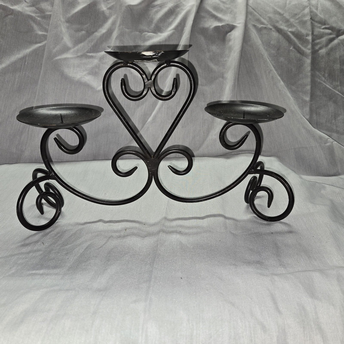 Metal Scroll  3 Arm Pillar Candle Holder Centerpiece 9 1/4" High