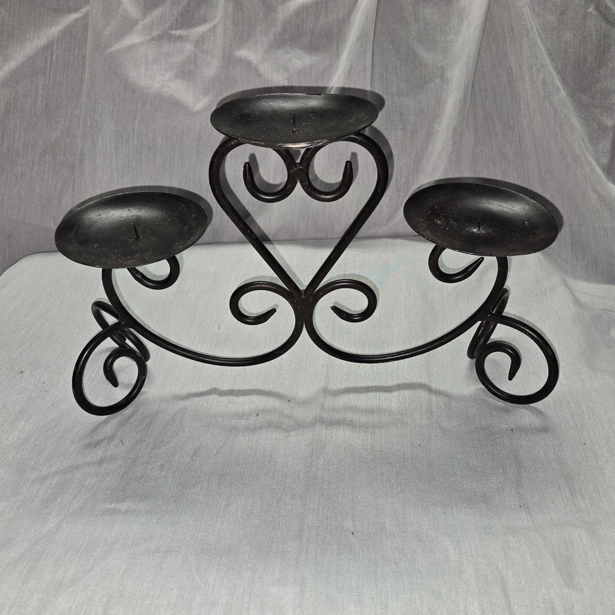 Metal Scroll  3 Arm Pillar Candle Holder Centerpiece 9 1/4" High