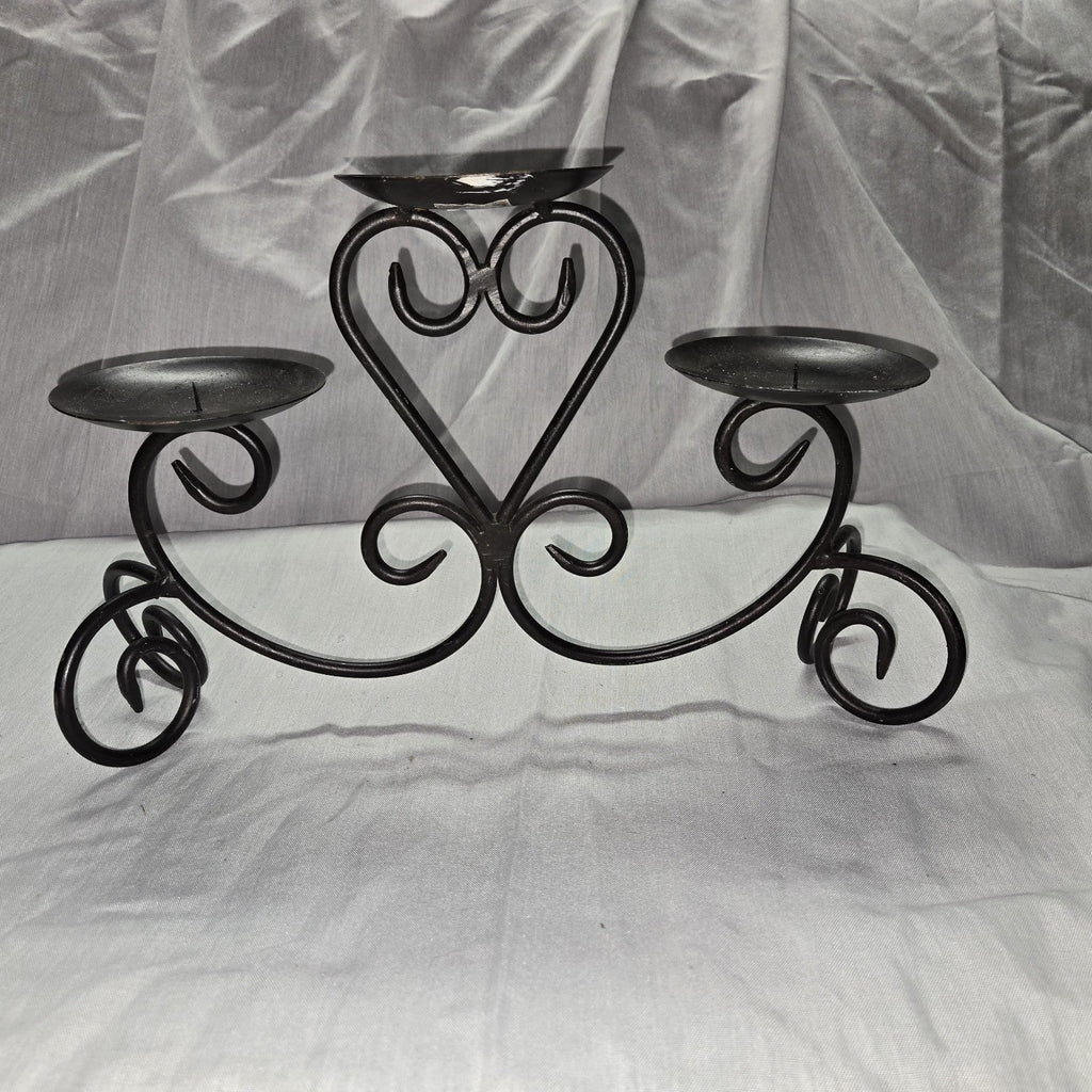 Metal Scroll  3 Arm Pillar Candle Holder Centerpiece 9 1/4" High