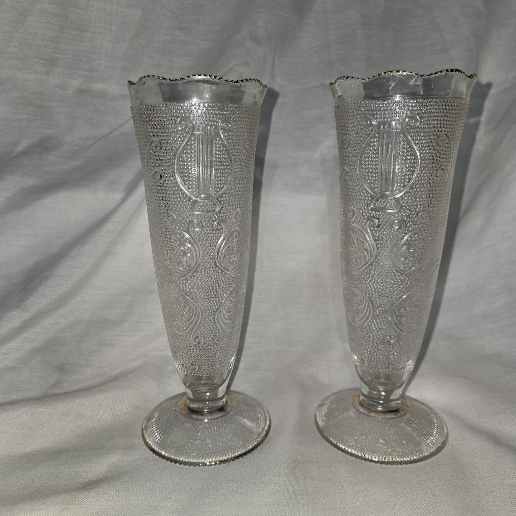 Set Of 2 VTG Jeannette Clear Harp & Scroll Glass Bud Vases W/22K Gold Trim