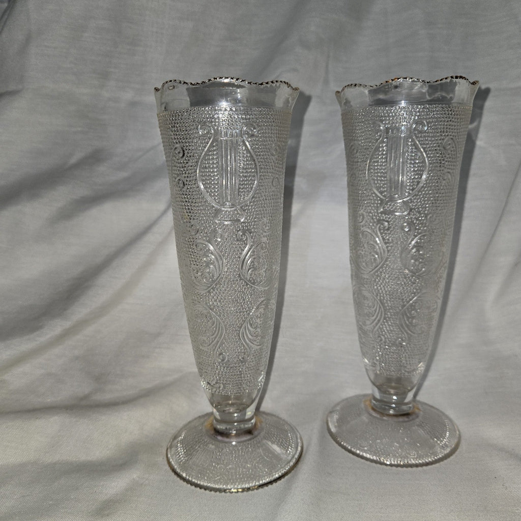 Set Of 2 VTG Jeannette Clear Harp & Scroll Glass Bud Vases W/22K Gold Trim