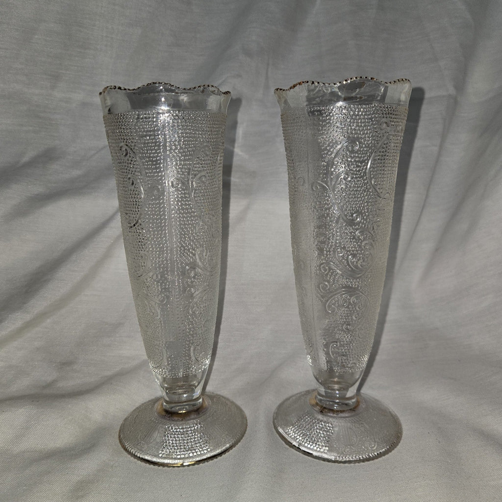 Set Of 2 VTG Jeannette Clear Harp & Scroll Glass Bud Vases W/22K Gold Trim