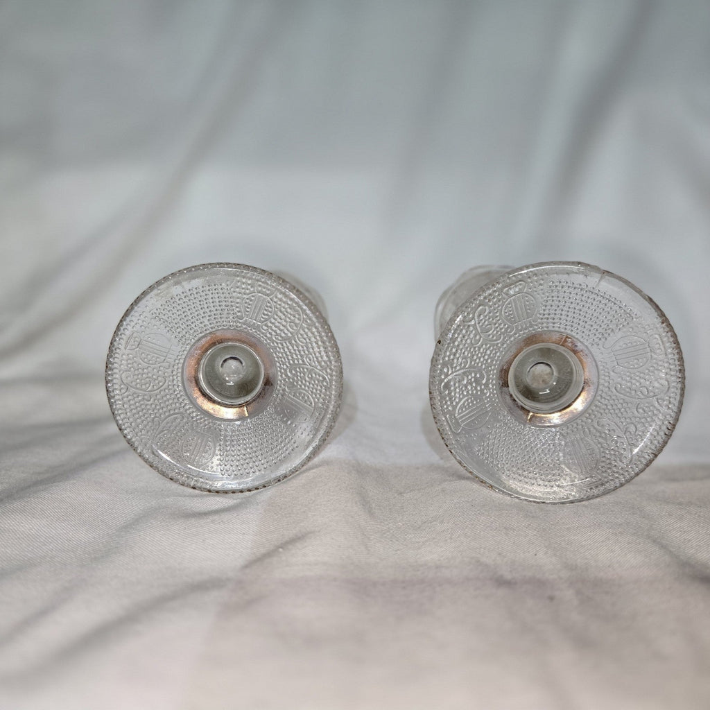 Set Of 2 VTG Jeannette Clear Harp & Scroll Glass Bud Vases W/22K Gold Trim