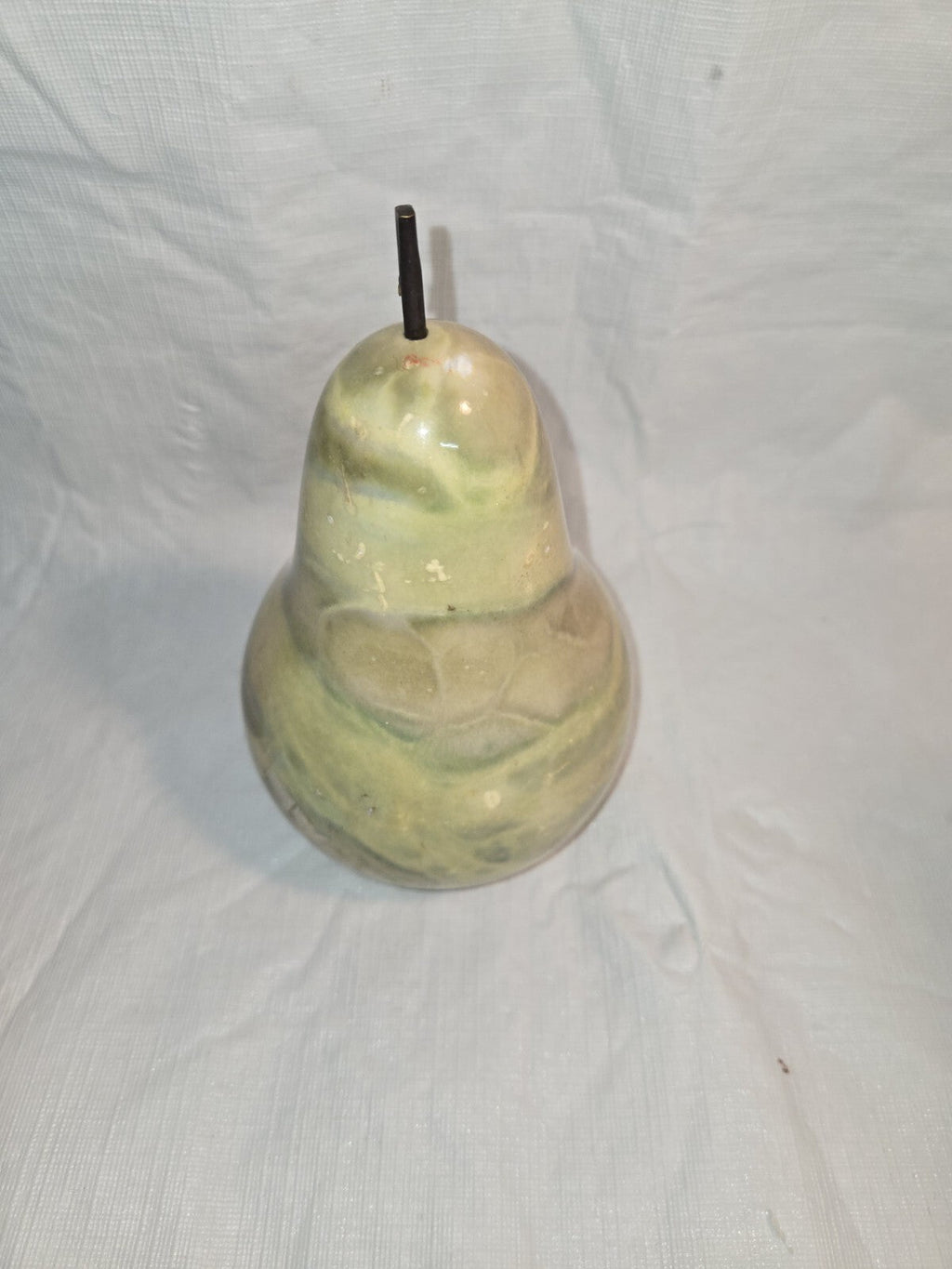 7" tall green alabaster marble carved pear with stem and leaf Italy fake fruit