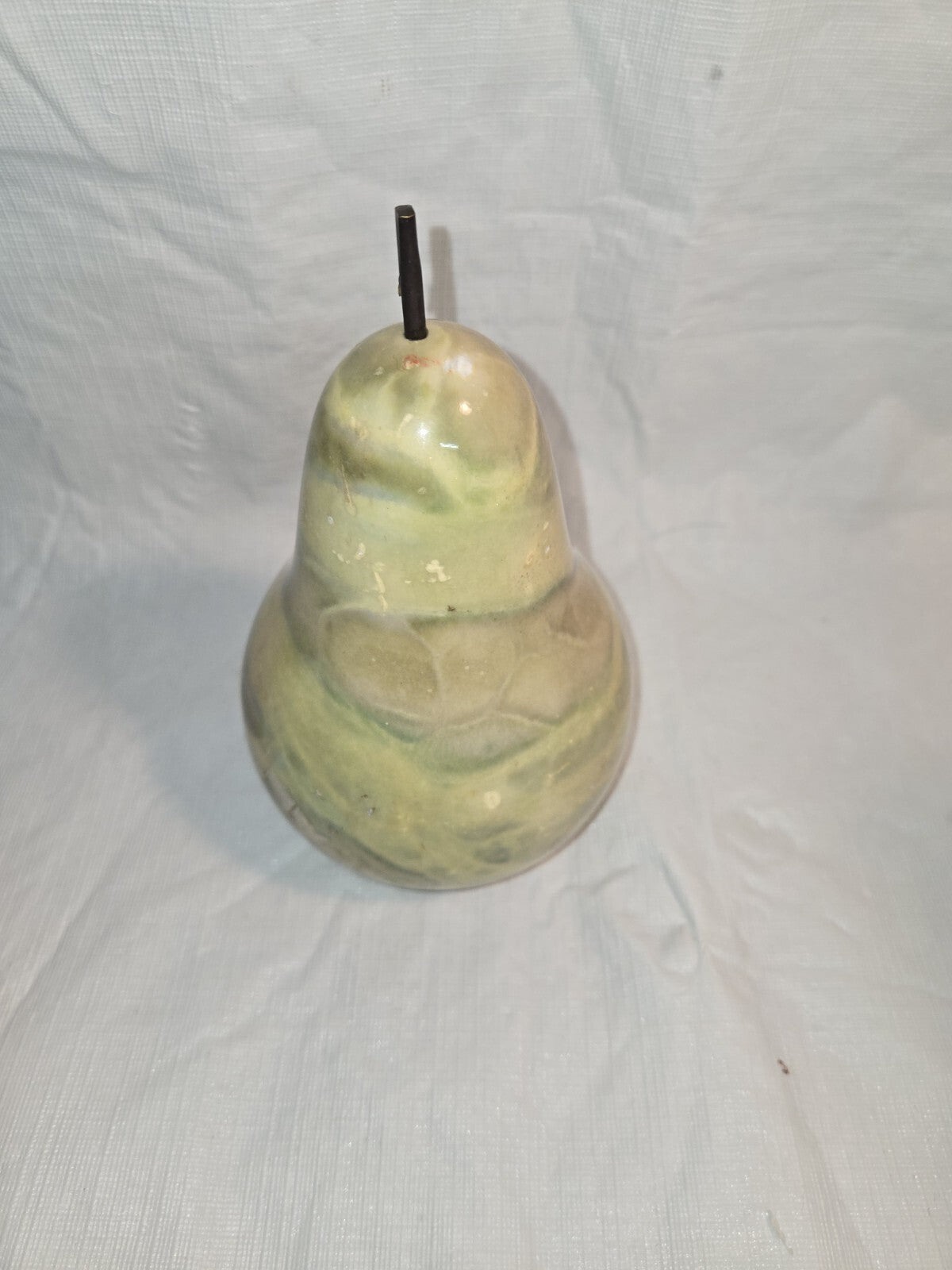 7" tall green alabaster marble carved pear with stem and leaf Italy fake fruit