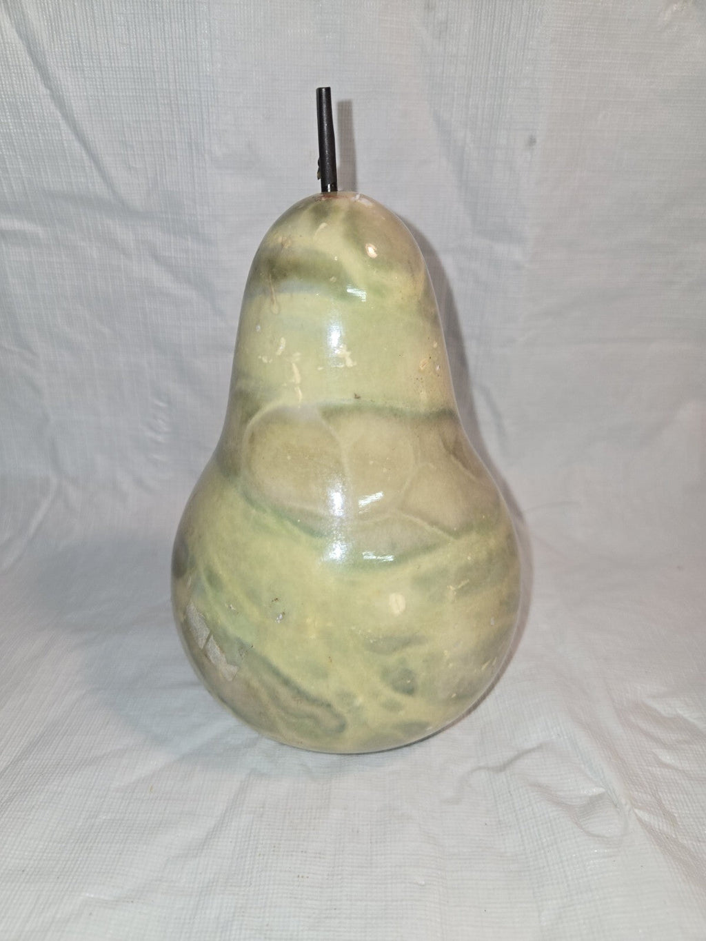 7" tall green alabaster marble carved pear with stem and leaf Italy fake fruit