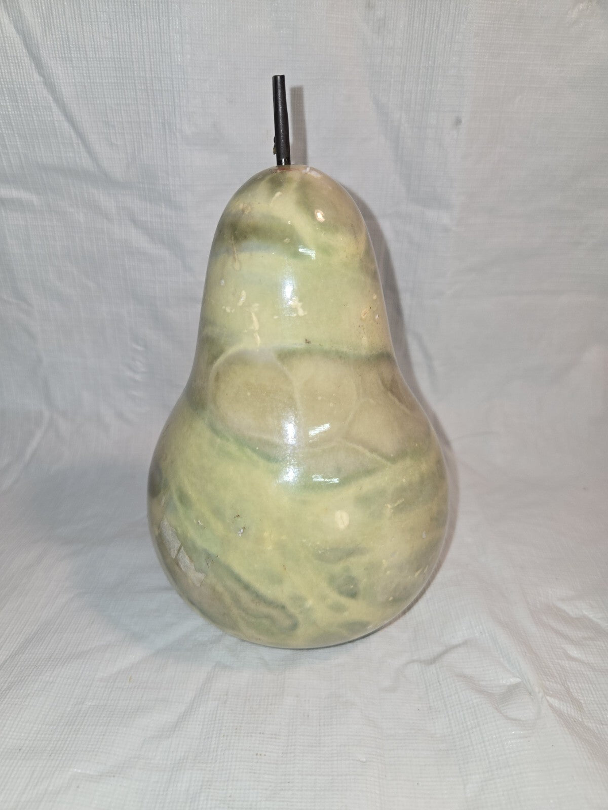 7" tall green alabaster marble carved pear with stem and leaf Italy fake fruit