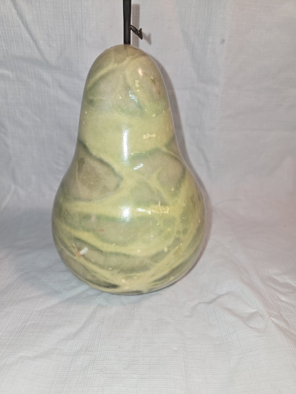 7" tall green alabaster marble carved pear with stem and leaf Italy fake fruit