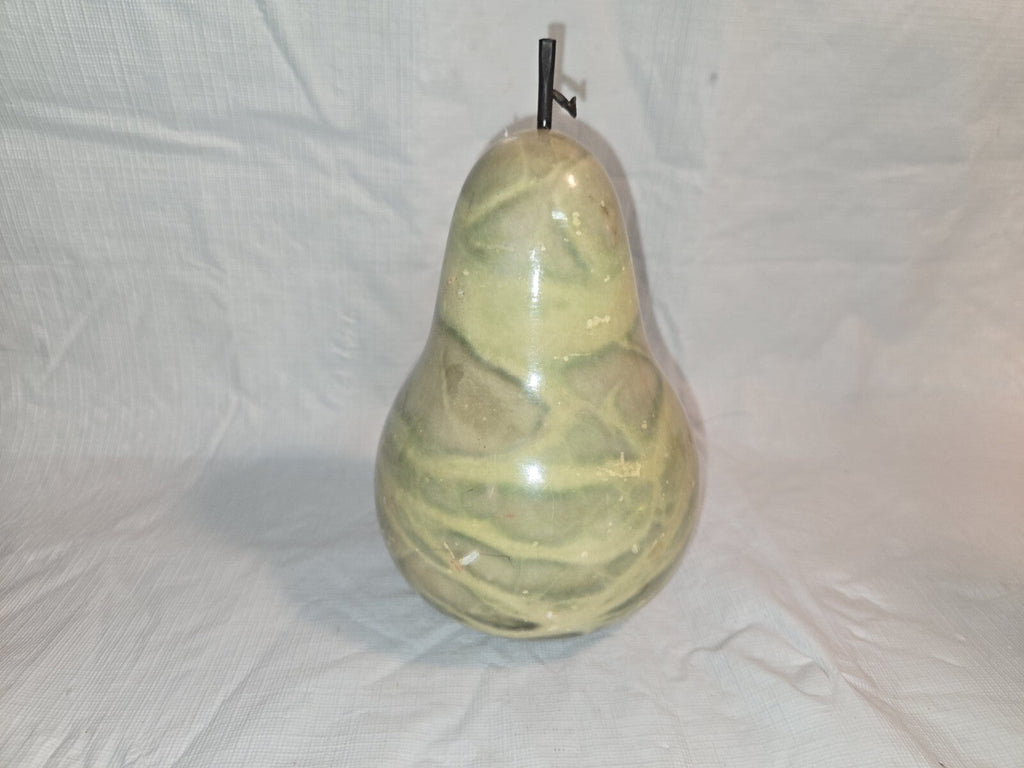 7" tall green alabaster marble carved pear with stem and leaf Italy fake fruit