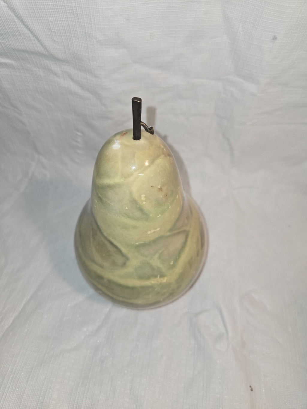 7" tall green alabaster marble carved pear with stem and leaf Italy fake fruit