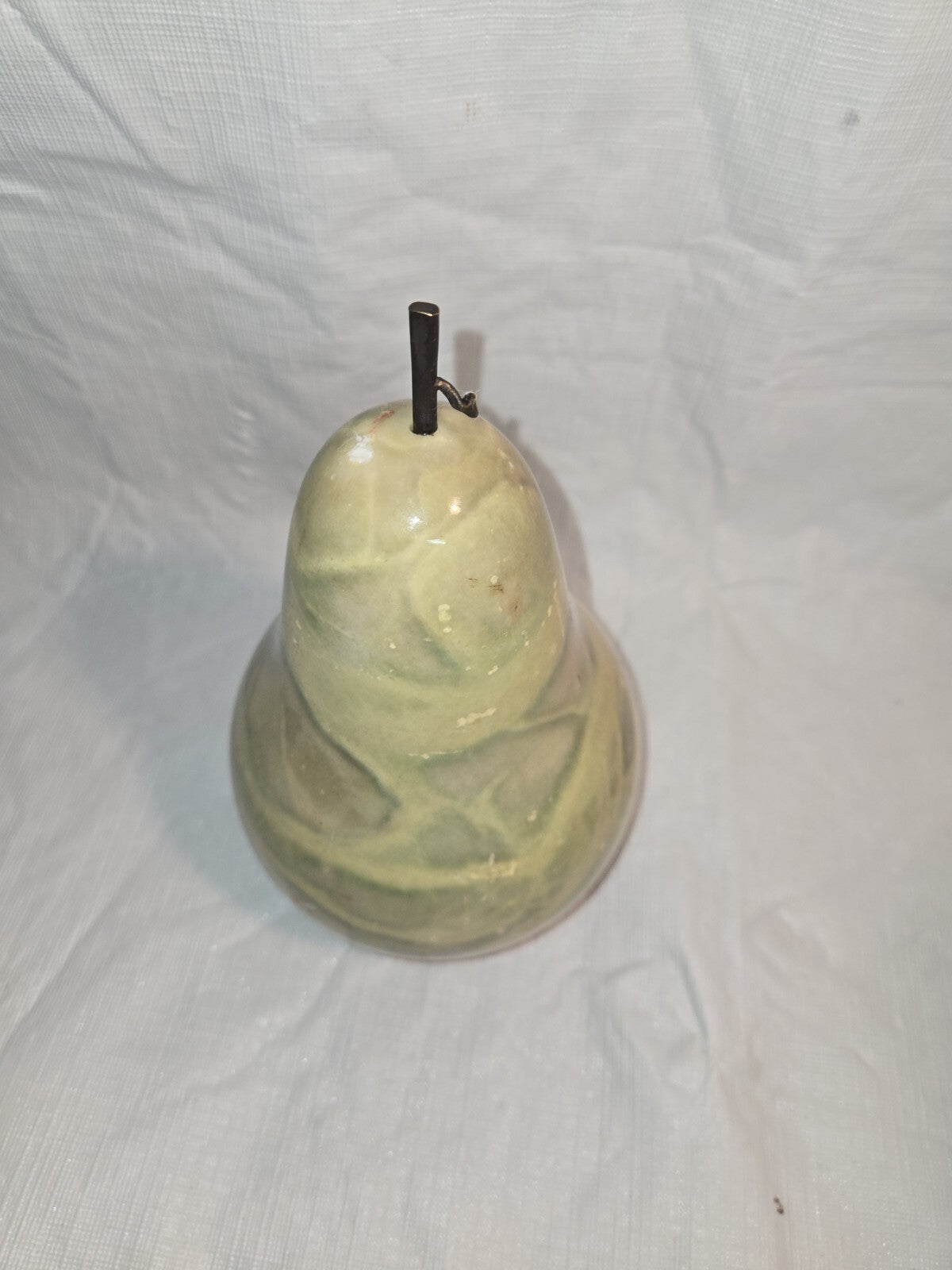 7" tall green alabaster marble carved pear with stem and leaf Italy fake fruit