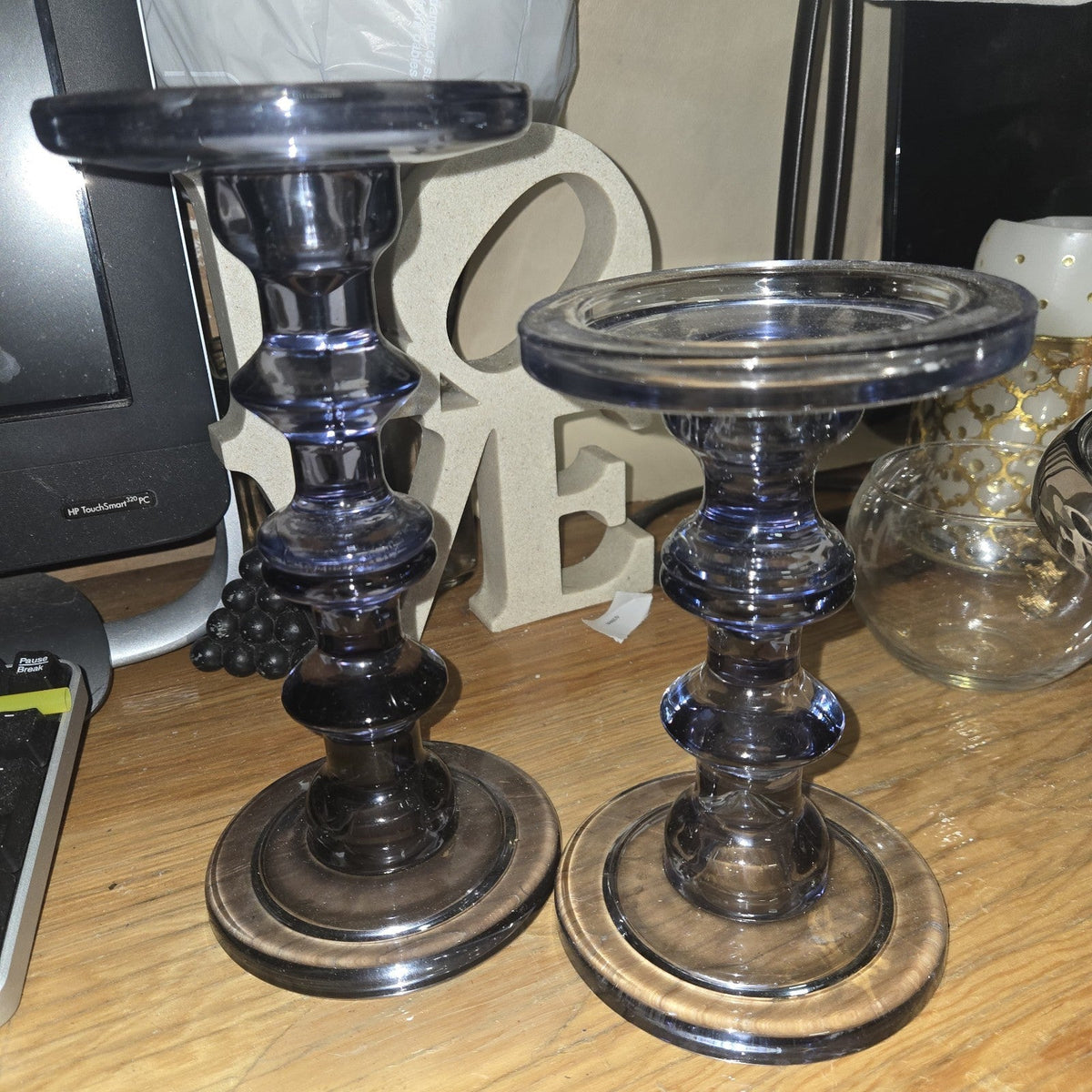 2 Smoky Gray Glass Taper Pillar Candlestick Holder 9x4.5” &