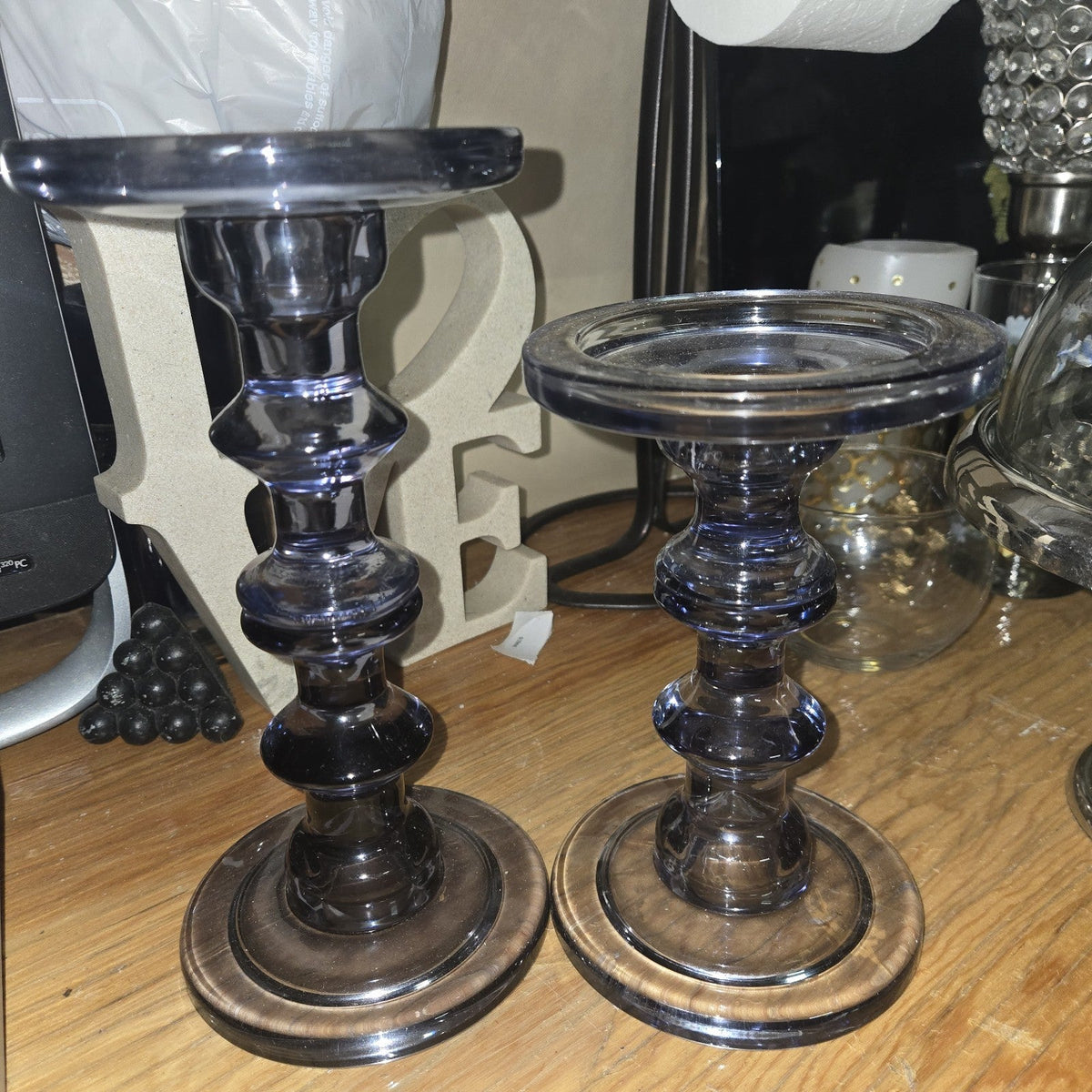 2 Smoky Gray Glass Taper Pillar Candlestick Holder 9x4.5” &