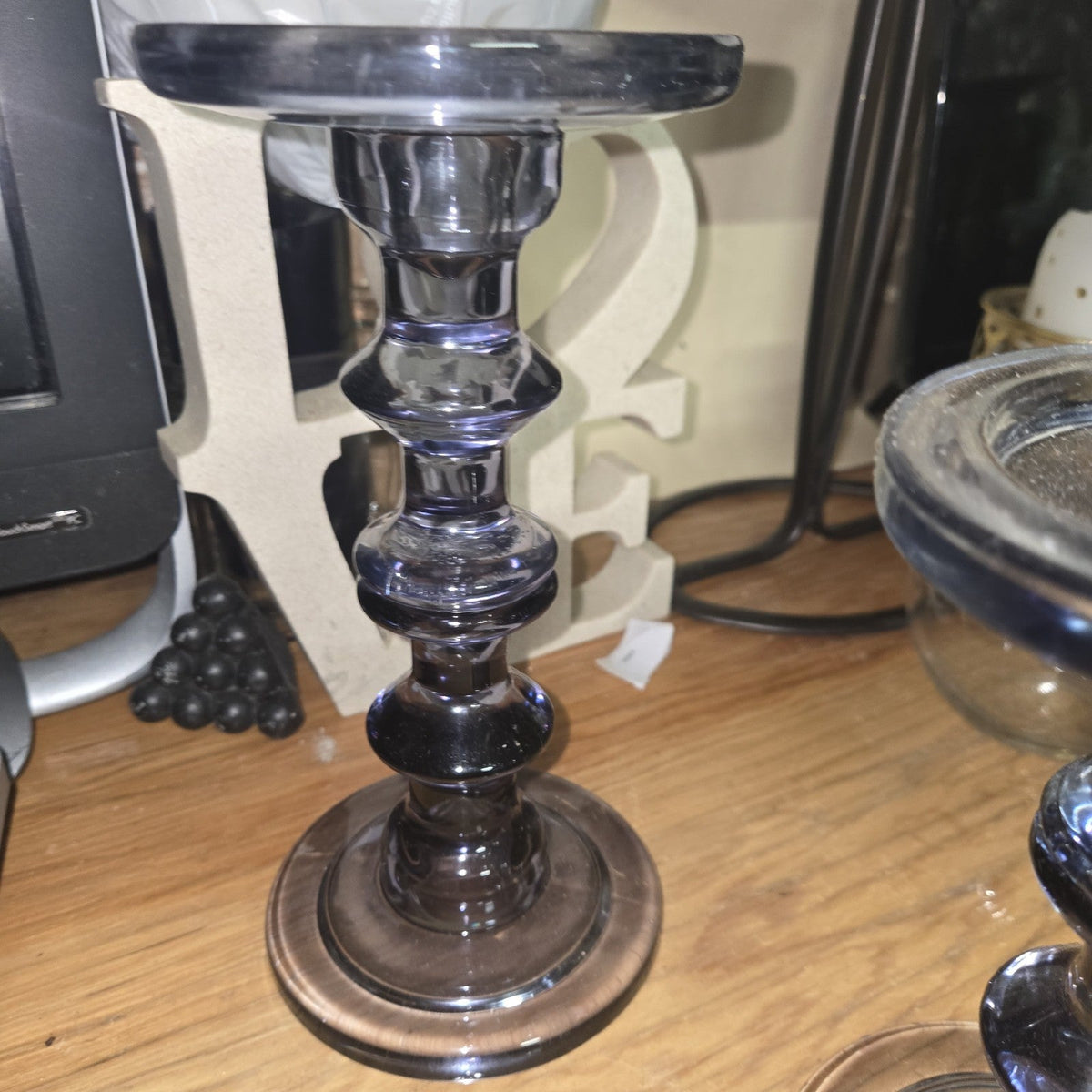 2 Smoky Gray Glass Taper Pillar Candlestick Holder 9x4.5” &