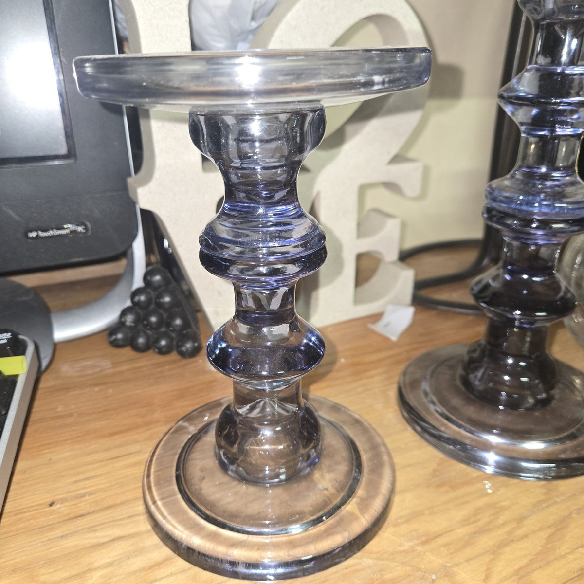 2 Smoky Gray Glass Taper Pillar Candlestick Holder 9x4.5” &