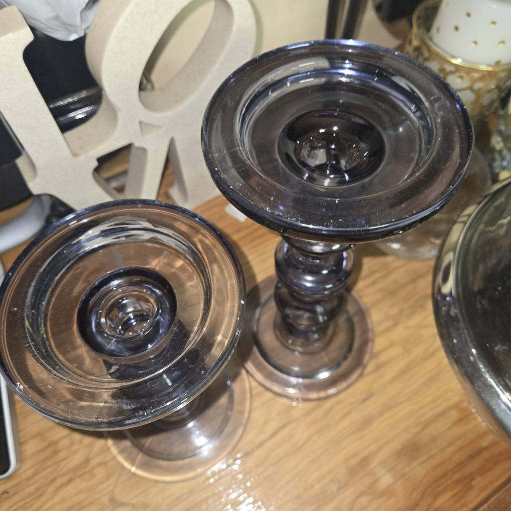 2 Smoky Gray Glass Taper Pillar Candlestick Holder 9x4.5” &
