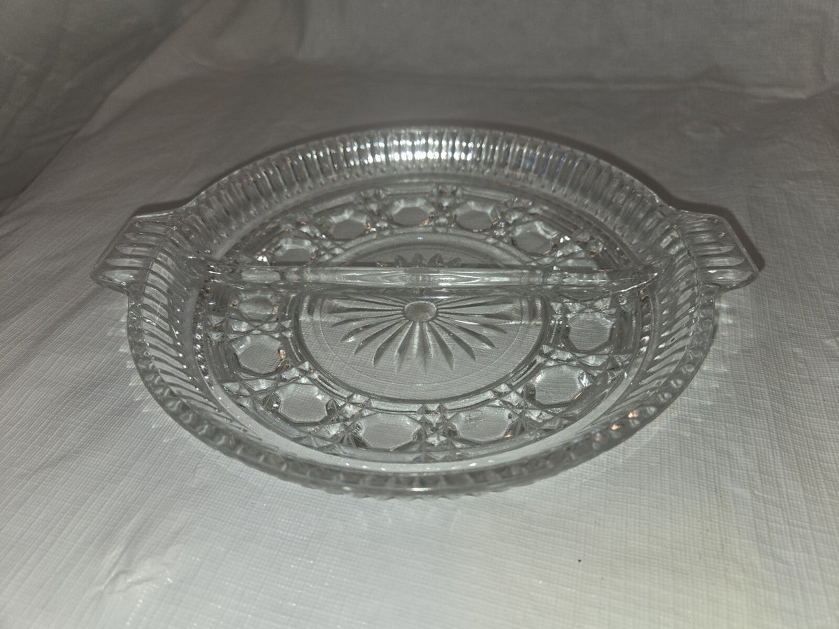 Vintage Clear Glass Round Divided Nut, Candy or Relish Dish w/ Two Handles