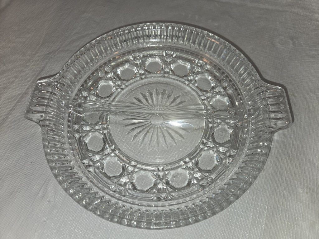 Vintage Clear Glass Round Divided Nut, Candy or Relish Dish w/ Two Handles