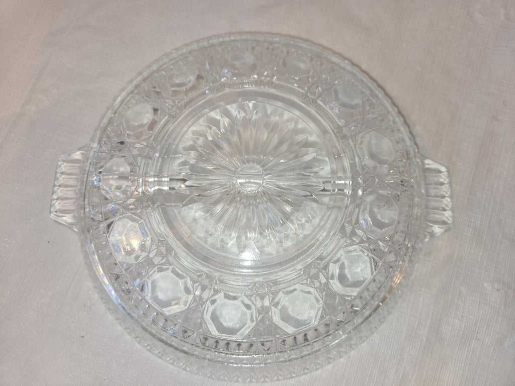 Vintage Clear Glass Round Divided Nut, Candy or Relish Dish w/ Two Handles