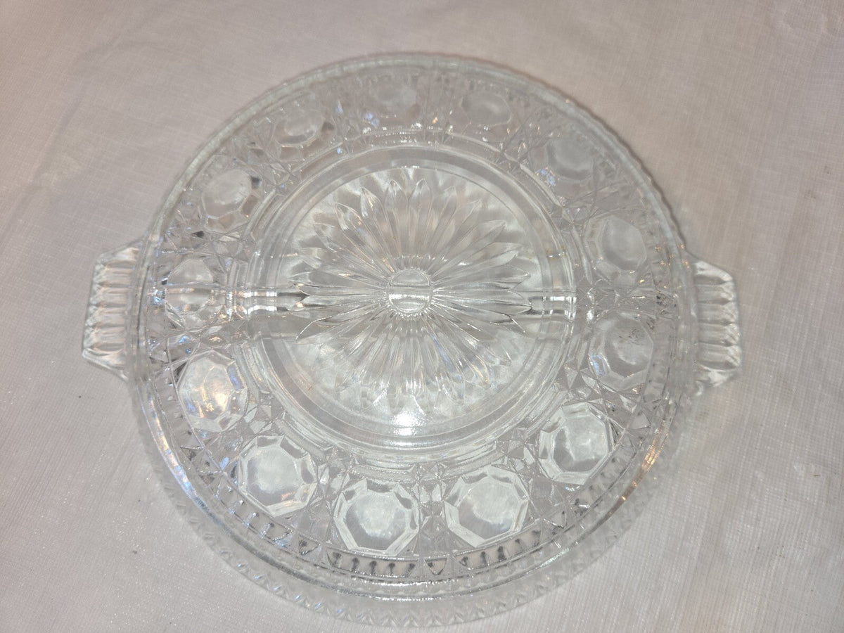 Vintage Clear Glass Round Divided Nut, Candy or Relish Dish w/ Two Handles