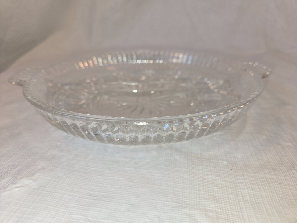 Vintage Clear Glass Round Divided Nut, Candy or Relish Dish w/ Two Handles