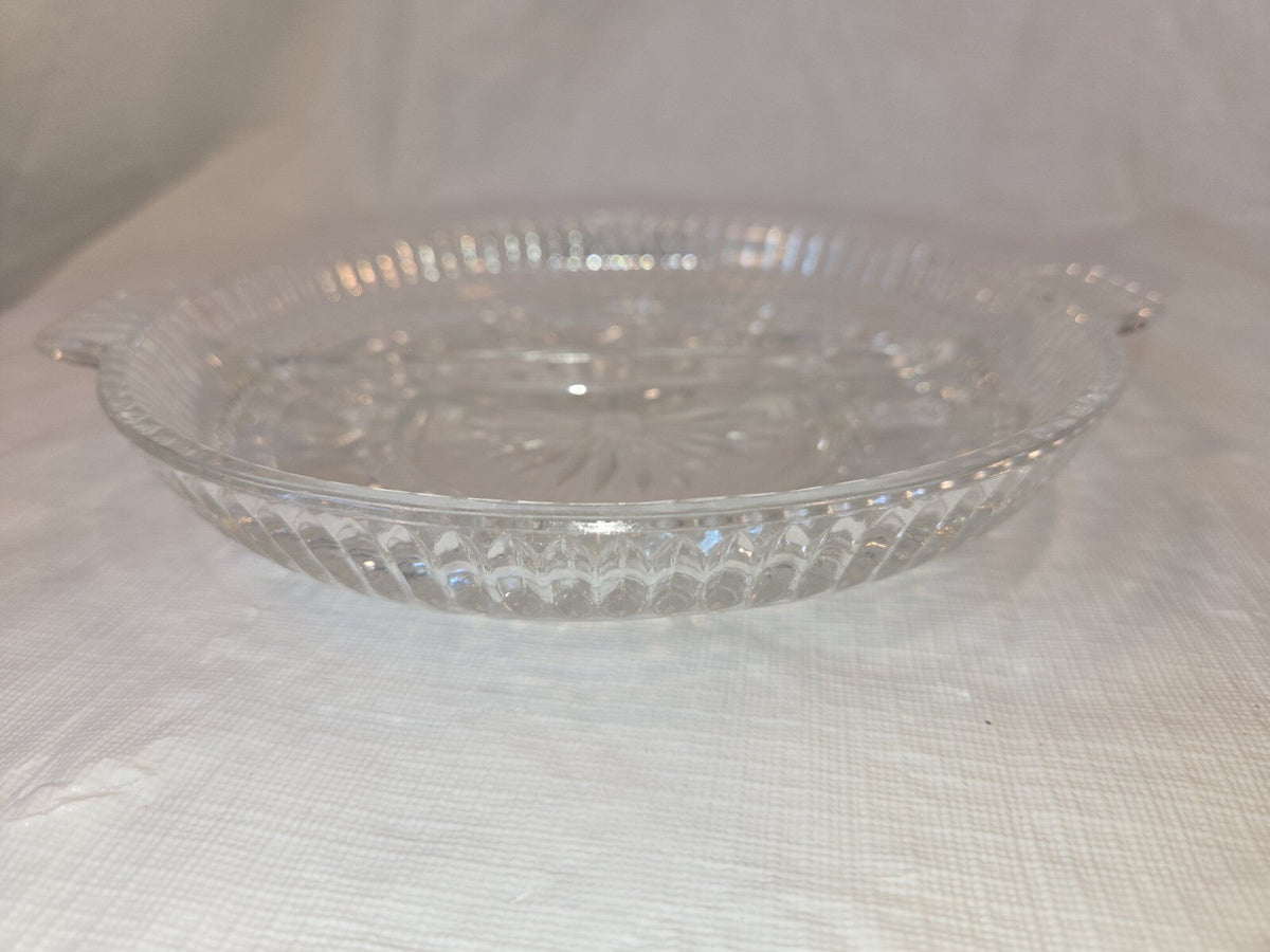 Vintage Clear Glass Round Divided Nut, Candy or Relish Dish w/ Two Handles