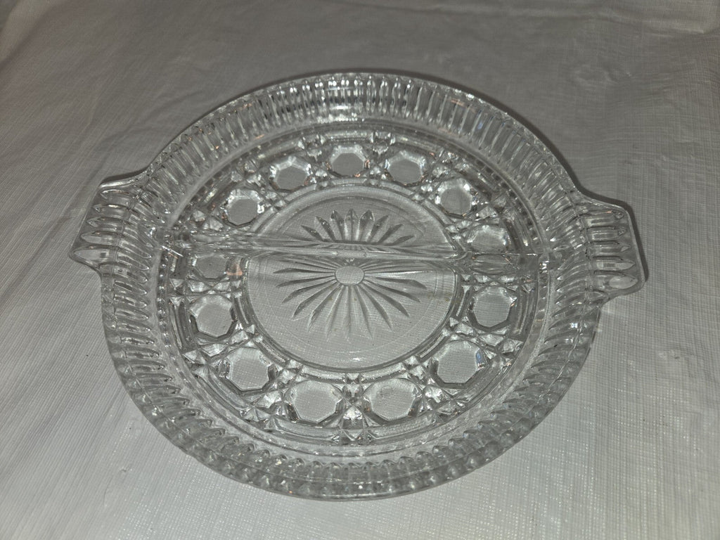 Vintage Clear Glass Round Divided Nut, Candy or Relish Dish w/ Two Handles